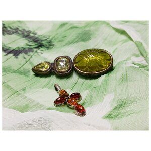 Vintage green glass stone brooch & Genuine amber cross silver pendant top set